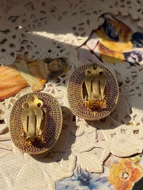 Vintage Red Floral Carved cinnabar Earrings with Gold Tone Frame - Picture 2 of 4